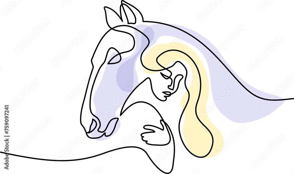Horse and woman heads logo. Continuous one line drawing. Horse and woman heads logo. Continuous one line drawing.
