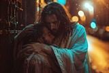 Jesus hugs a person. 