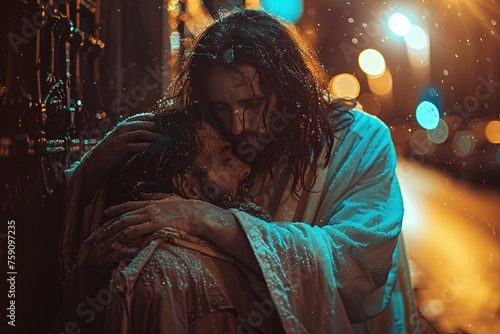 Jesus hugs a person.	