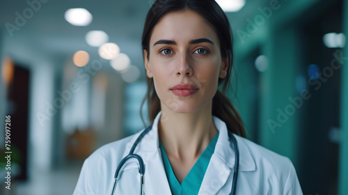 Portrait of young female doctor looking at camera while standing in hospital corridor. AI.