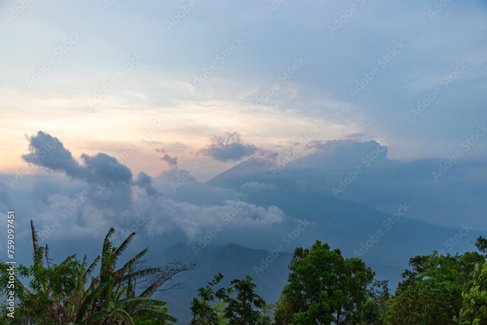 Silhouette of Mount Agung, at sunset, from the observation deck of Lahangan Sweet, on the island of Bali, Indonesia