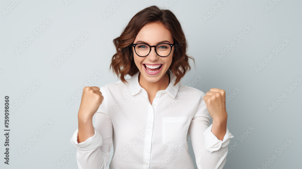 Joyous woman with curly hair and glasses, raising her fists in a triumphant gesture, wearing a white shirt, and smiling against grey background