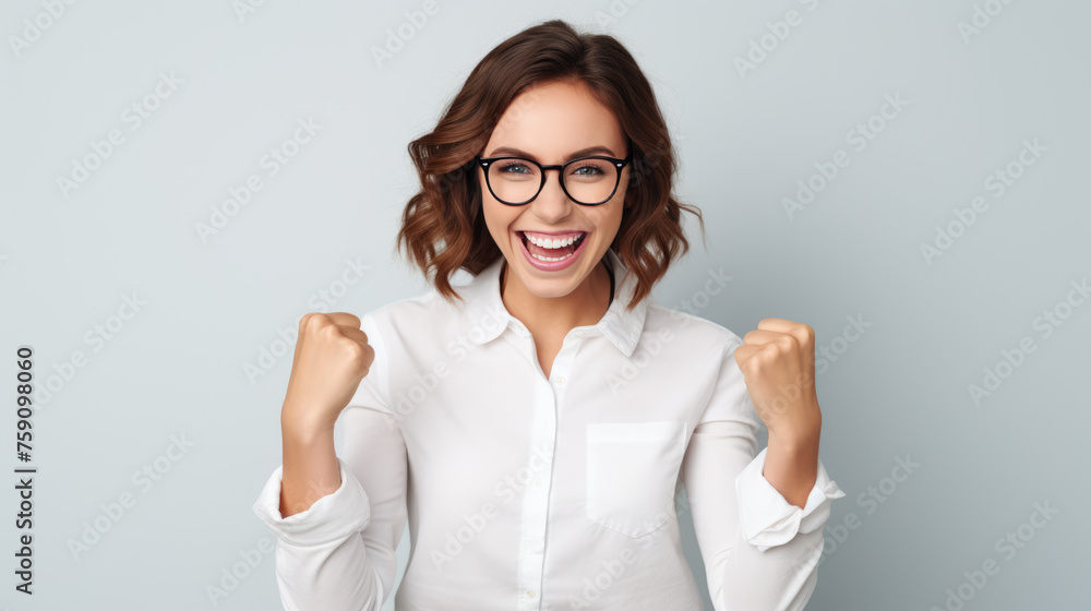 Joyous woman with curly hair and glasses, raising her fists in a triumphant gesture, wearing a white shirt, and smiling against grey background Joyous woman with curly hair and glasses, raising her fists in a triumphant gesture, wearing a white shirt, and smiling against grey background