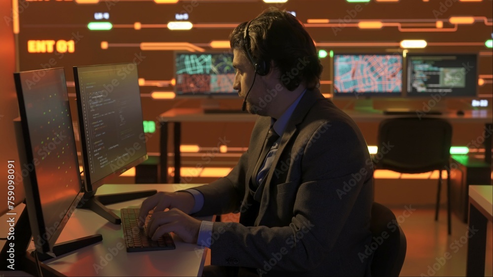Technical support in control room. Man IT specialist works on computer in headset at the office, big digital screen shows infrastructure data. Technical support in control room. Man IT specialist works on computer in headset at the office, big digital screen shows infrastructure data.