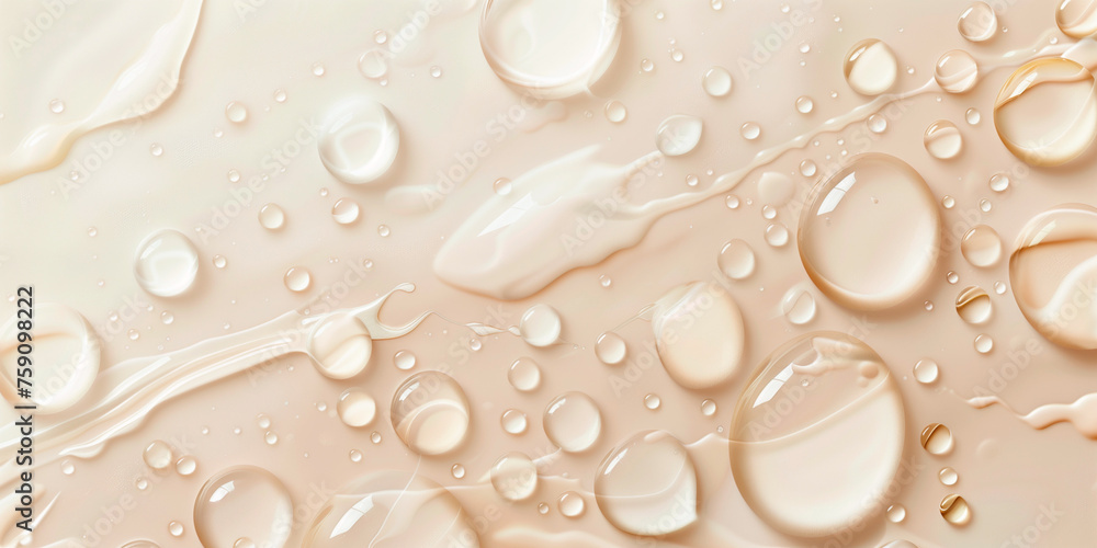 Texture transparent cosmetic oil or serum drops on beige background Texture transparent cosmetic oil or serum drops on beige background