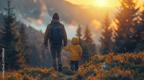 Man and Child Walking Through Field of Flowers