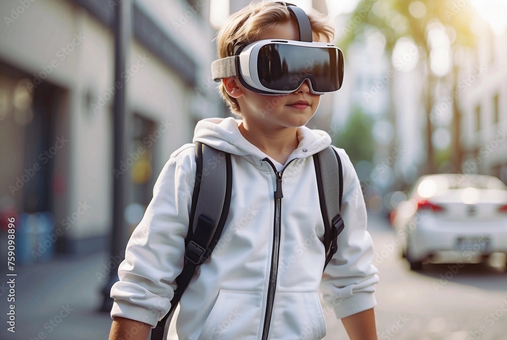 Little Boy walk around the city in Glasses of Virtual Reality, future technology concept Little Boy walk around the city in Glasses of Virtual Reality, future technology concept