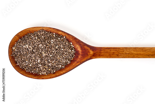 Chia seeds in a wooden spoon, isolated on white background.