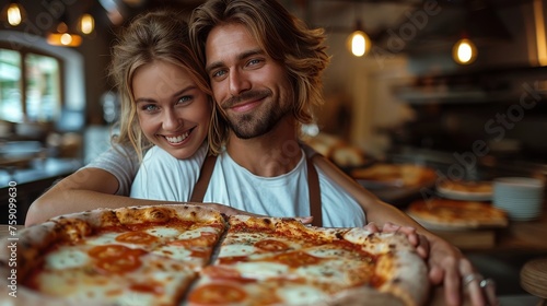 Man and Woman Holding Large Pizza