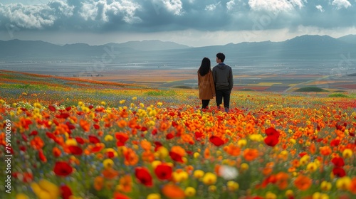Man and Woman Standing in Field of Flowers