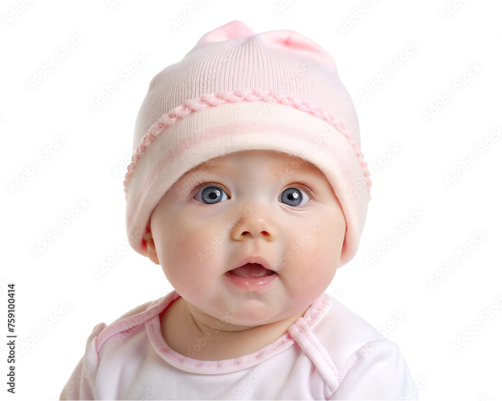 Cute baby girl in Pink hat, isolated on transparent background. Cute baby girl in Pink hat, isolated on transparent background.