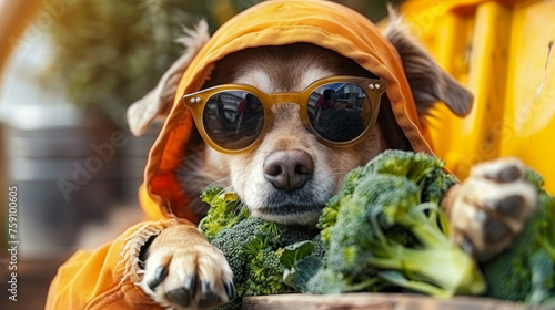 A cheerful dog in a red hoodie and broccoli sunglasses. a place for the text.