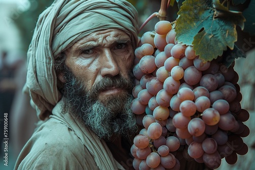 Two Israelites carry one huge cluster of grapes photo