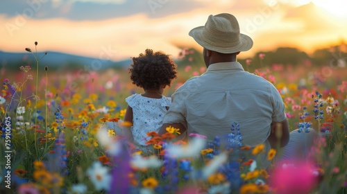Man and Girl Sitting in Field of Flowers