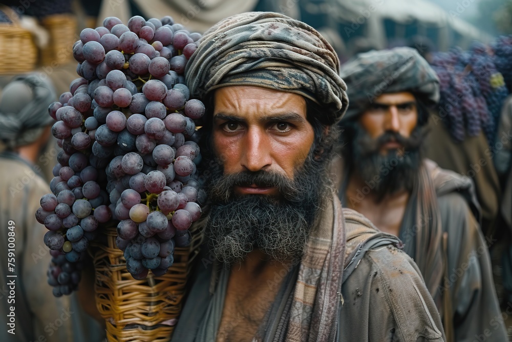 Two Israelites carry one huge cluster of grapes