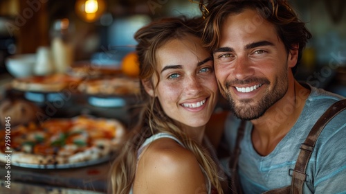 Man and Woman Holding Large Pizza