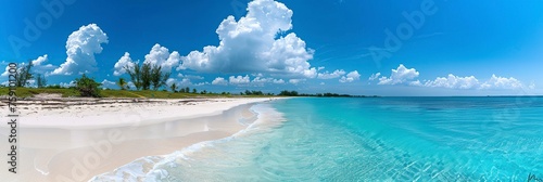 White sandy beach stretching along the azure shoreline