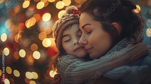 Mother and Daughter Wrapped in Blanket by Christmas Tree
