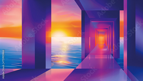 Geometric abstract background. Elements of architecture  sea and sunset sky. Abstract horizontal banner. 80 s graphic design style. Purple and orange colors. Digital artwork raster bitmap. AI artwork.