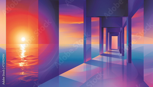 Geometric abstract background. Elements of architecture, sea and sunset sky. Abstract horizontal banner. 80's graphic design style. Purple and orange colors. Digital artwork raster bitmap. AI artwork. photo