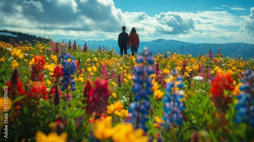 Man and Woman Standing in Field of Flowers