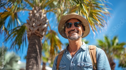 Man in Hat and Sunglasses Standing in Front of Palm Tree