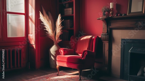 a social media caption that would accompany the image, red color theme, emphasizing the warmth and style of the home decor while encouraging engagement from followers
