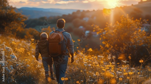 Man and Child Walking Through Field of Flowers