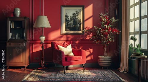 a social media caption that would accompany the image, red color theme, emphasizing the warmth and style of the home decor while encouraging engagement from followers photo