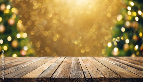 empty wooden table top with gold shiny bokeh festive christmas new year background for product placement or montage with focus to the table top