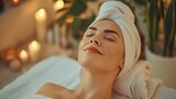 beautiful young woman relaxes while lying in a spa center, beauty and health procedures