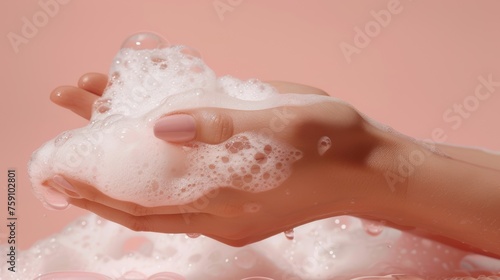 close-up of female hands with soap foam, cosmetic cleanser