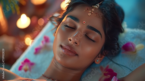 beautiful Indian woman relaxes while lying in a spa center, beauty and health procedures
