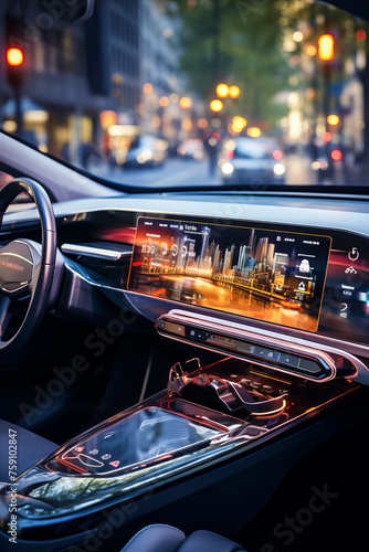 Control panel of a modern futuristic electric car in a city environment