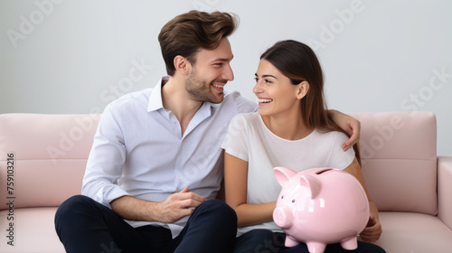 Smiling couple sitting on a sofa, holding a pink piggy bank together, symbolizing financial planning and savings in a domestic setting.