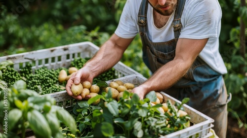 A man carefully picking fresh potatoes from a wooden box in a lush garden setting