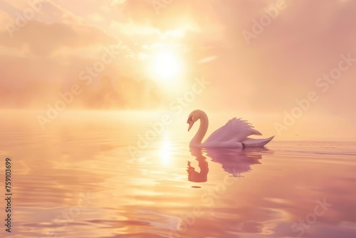 Sunset Serenity: A swan gracefully glides across the shimmering sea, while the silhouette of a person practices yoga on the beach