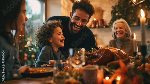 Family gathered around a dinner table, enjoying a festive meal with a roasted turkey, smiling and engaging in lively conversation.