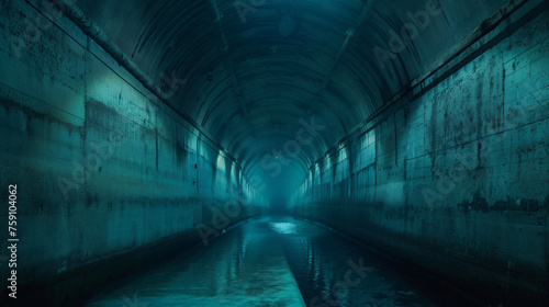 Eerie blue light illuminates an abandoned underground water tunnel with reflections on water.
