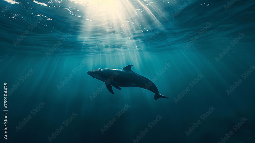 A whale swimming from the deep sea to the surface. Majestic Whale Gliding through Sunlit Waters.