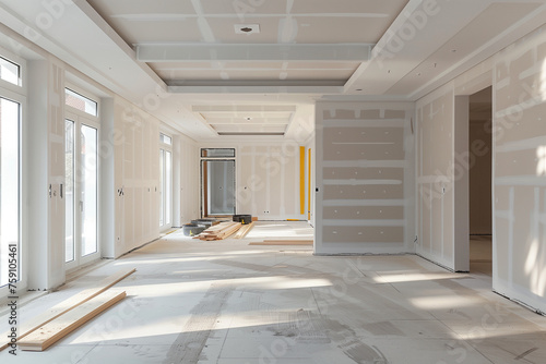 Industry new home construction interior drywall finish.AI generated