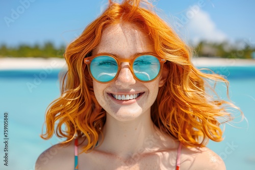 a woman with red hair and blue sunglasses on a beach smiling