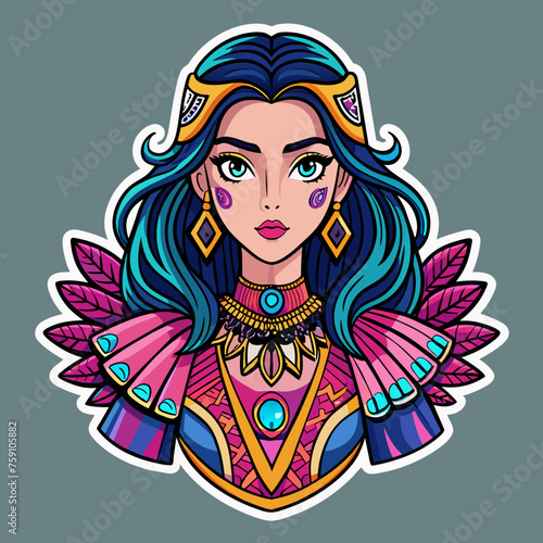 sticker portraying a beautiful girl in a statement outfit, with intricate details and vibrant colors, tailor-made for enhancing t-shirt aesthetics