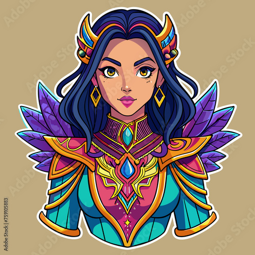 sticker portraying a beautiful girl in a statement outfit, with intricate details and vibrant colors, tailor-made for enhancing t-shirt aesthetics