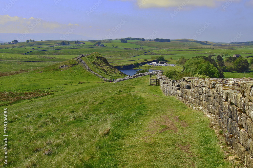 Hadrians Wall with Cawfields Lake and Milecastle 42, Northumberland, UK