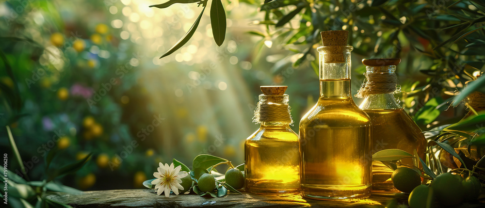 Three bottles of olive oil are displayed on a wooden table in a lush green forest Three bottles of olive oil are displayed on a wooden table in a lush green forest