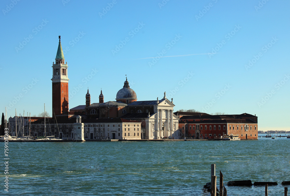 Fototapeta premium Church of San Giorgio Maggiore in Venice Italy with bell tower and dome on the Venetian Lagoon in the Giudecca Canal