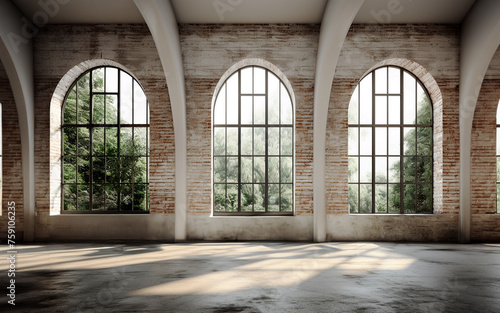 Empty room with large arched window and cement floor. brick wall in loft interior mockup. studio or office blank space. 