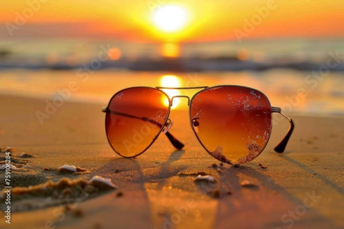 Wallpaper Mural sunglasses resting on serene sand, capturing sunset over ocean, Generative AI Torontodigital.ca