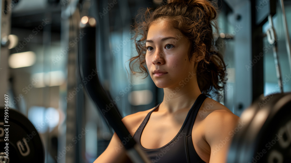 a woman with curly hair in a gym a woman with curly hair in a gym